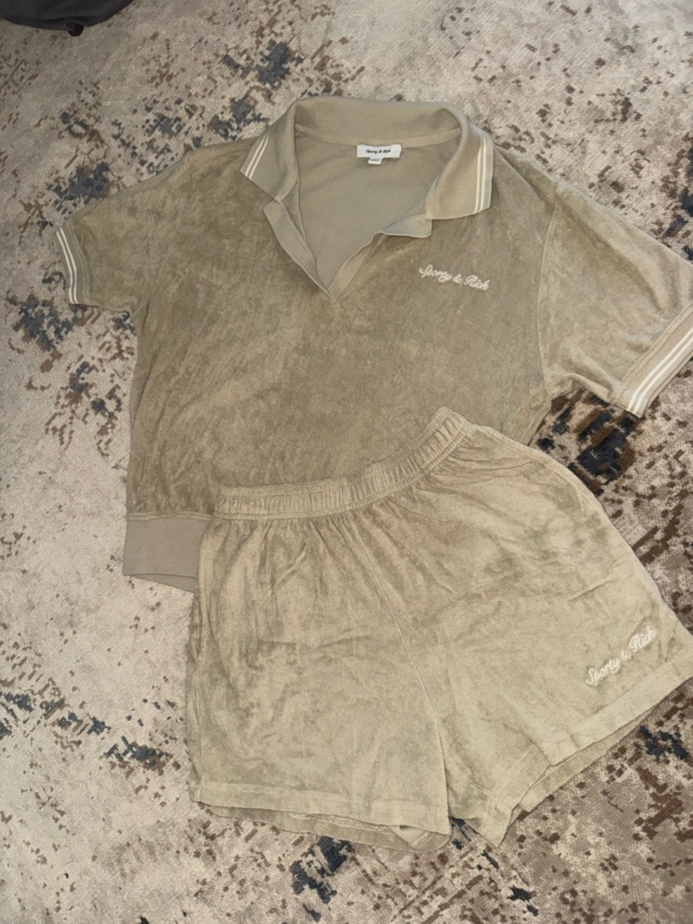 Sporty & Rich Olive Green Velour Polo and Shorts Set